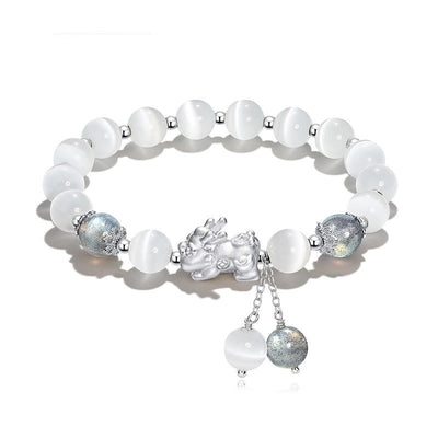 Buddha Stones Natural Cat's Eye Moonstone Strawberry Quartz PiXiu Support Bracelet Bracelet BS Moonstone&Cat's Eye(Wrist Circumference 14-15cm)