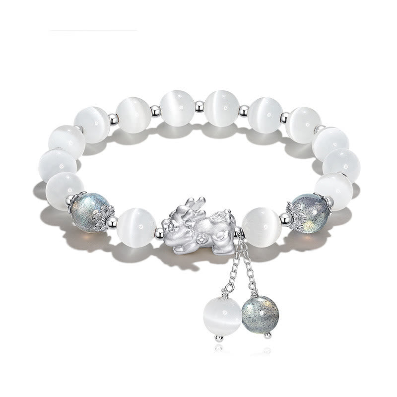 Buddha Stones Natural Cat's Eye Moonstone Strawberry Quartz PiXiu Support Bracelet Bracelet BS Moonstone&Cat's Eye(Wrist Circumference 14-15cm)