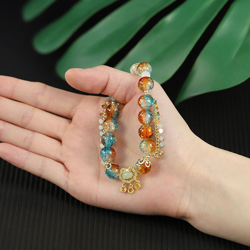 Buddha Stones Colorful Liuli Glass Bead Chinese Lock Charm Fortune Bracelet Bracelet BS 8