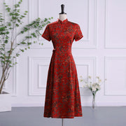 Foviel Vintage Glückswolken Blatt Print Cheongsam Kleid Damen Qipao Kleid