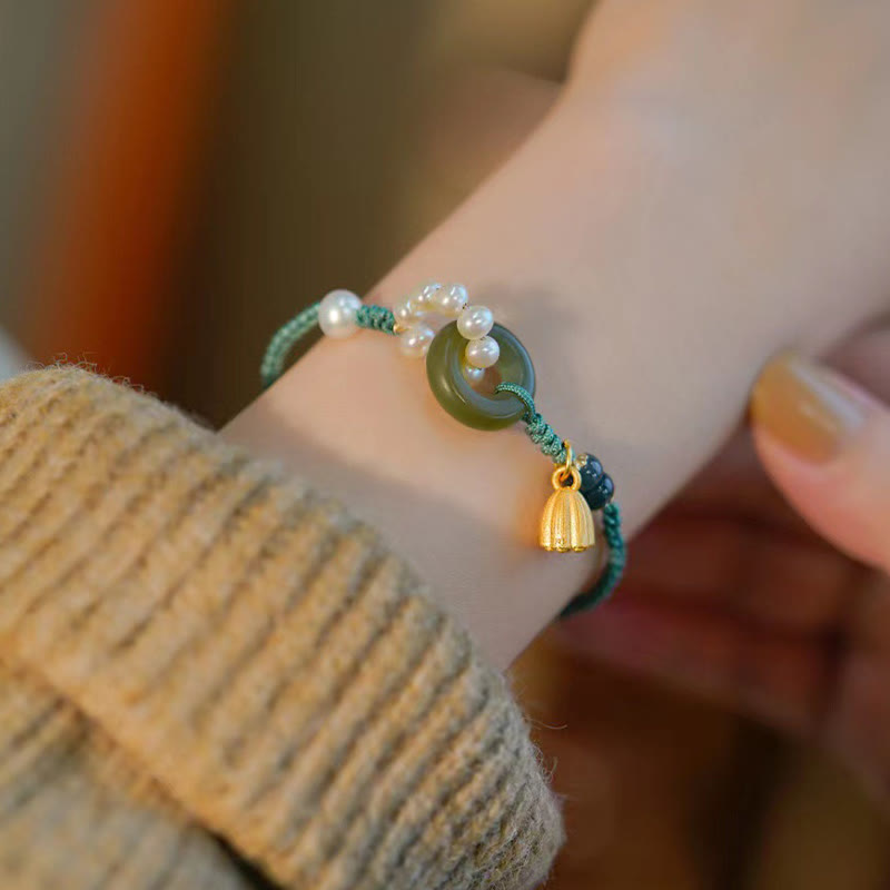 Buddha Stones Natural Hetian Jade Peace Buckle Pearl Luck Handcrafted Braided Bracelet Bracelet BS 6