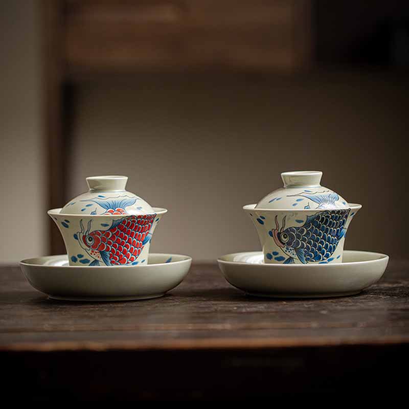 Buddha Stones Koi Fish Arowana Ceramic Gaiwan Sancai Teacup Kung Fu Tea Cup With Lid 130ml Cup BS 24