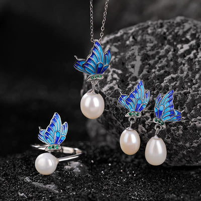 Buddha Stones 925 Sterling Silver Pearl Butterfly Healing Necklace Pendant Earrings Ring Bracelet Necklaces & Pendants BS 3Pcs(Necklace Earrings&Ring)