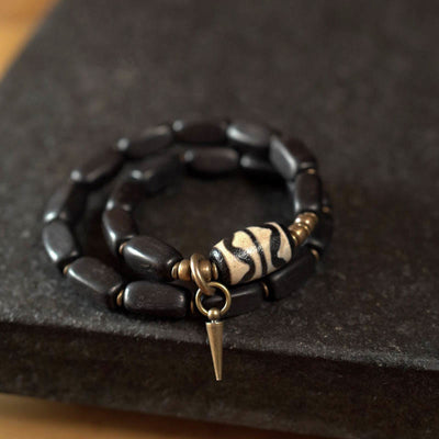 Buddha Stones Tibet Ebony Wood Dzi Bead Copper Balance Double Wrap Bracelet Bracelet BS Ebony Wood Oval Dzi Bead 17-17.5cm(Double Wrap)