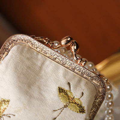 Buddha Stones Small Flowers Butterfly Embroidered Pearl Metal Chain Shoulder Bag Crossbody Handbag Cellphone Bag Crossbody Bag BS 5