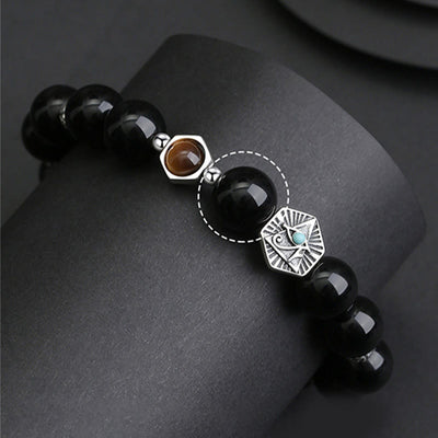 Foviel 925 Sterling Silver Black Obsidian Tiger Eye Eye of Providence Purification Bracelet