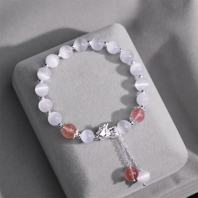 Buddha Stones Natural Cat's Eye Moonstone Strawberry Quartz PiXiu Support Bracelet Bracelet BS 9