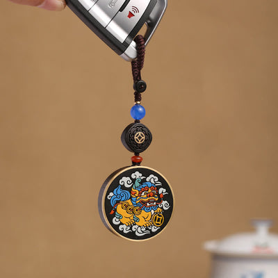 Buddha Stones PiXiu Copper Coin Ebony Wood Luck Attract Wealth Key Chain Decoration Key Chain BS PiXiu(Wealth♥Luck)