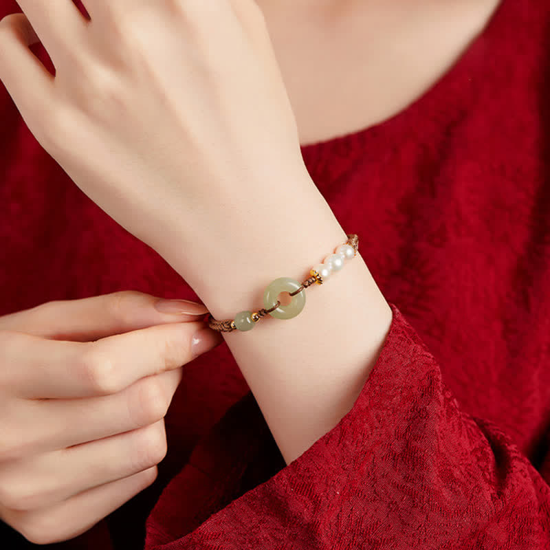 Buddha Stones Natural Hetian Jade Pearl Peace Buckle Luck Bracelet - image 1