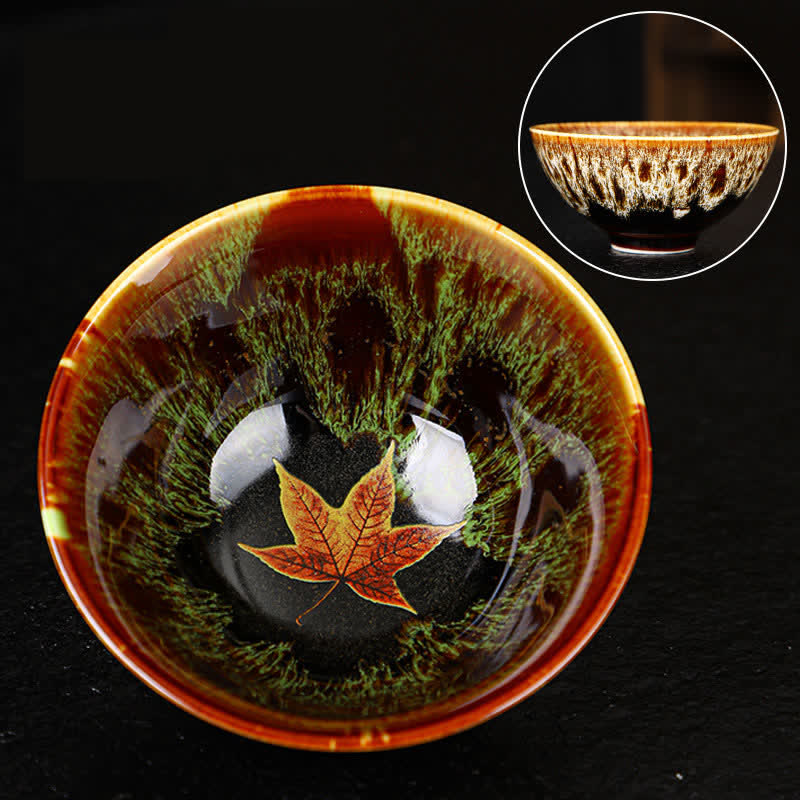 Buddha Stones Maple Leaf Colorful Ceramic Teacup Home Tea Cups Cup BS 9.5cm*4.5cm*110ml Green
