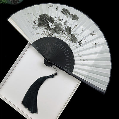Buddha Stones Vintage Bamboo Peony Butterfly Lotus Handheld Silk Folding Fan With Bamboo Frames Folding Fan BS Lotus Flower Leaf Dragonfly