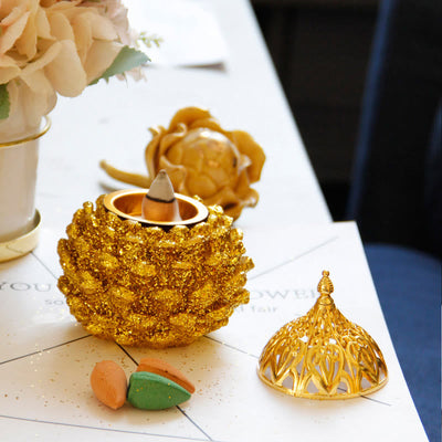 Buddha Stones Gold Pine Cone Pattern Spiritual Rituals Mini Incense Burner Home Tabletop Decor Incense Burner BS 1
