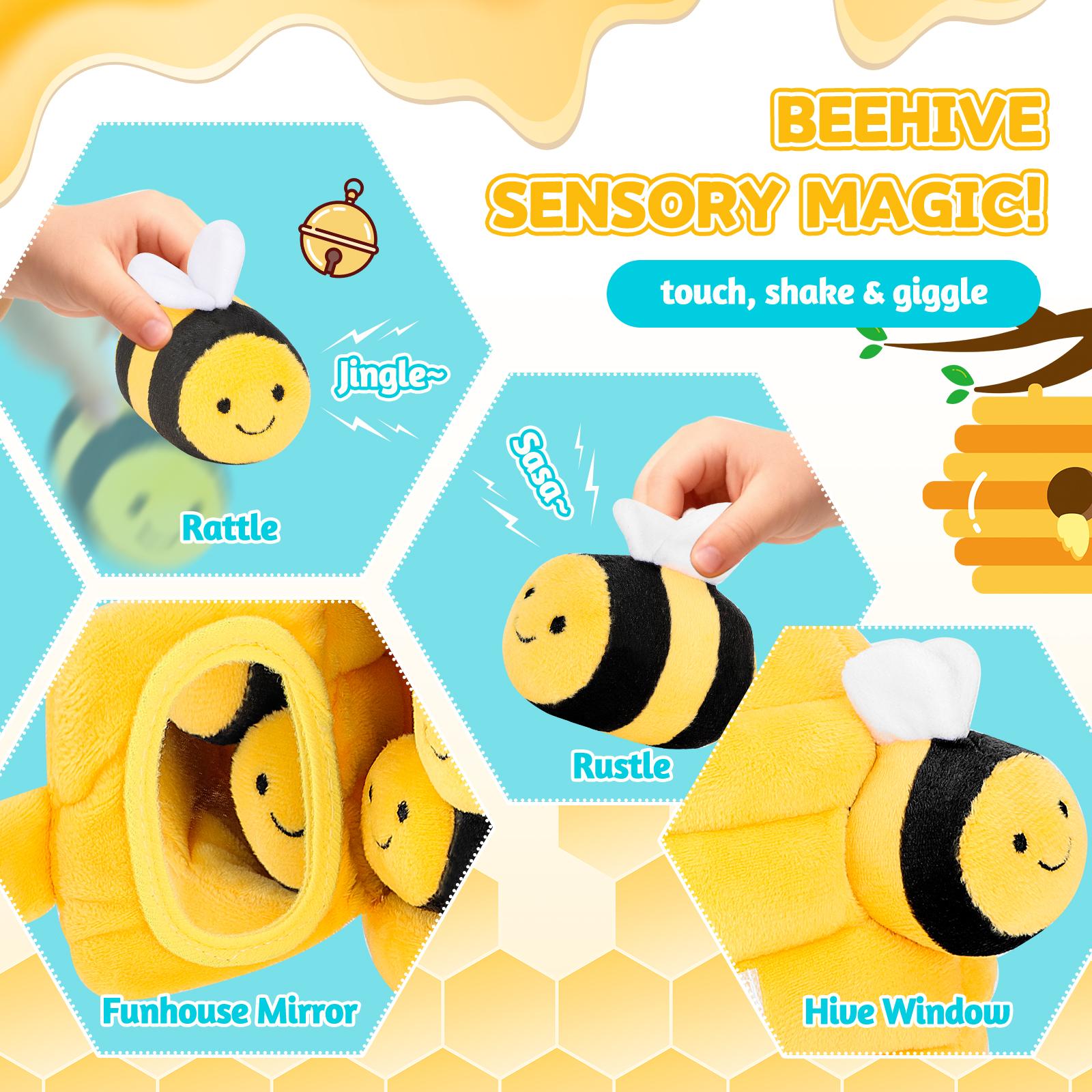 Mi primer juguete de peluche de abeja. Juego interactivo de escondite de colmena de abejas para bebés y niños pequeños. 5 abejas de peluche y colmena exprimible. Regalo de aprendizaje temprano Montessori para 1-3 años.