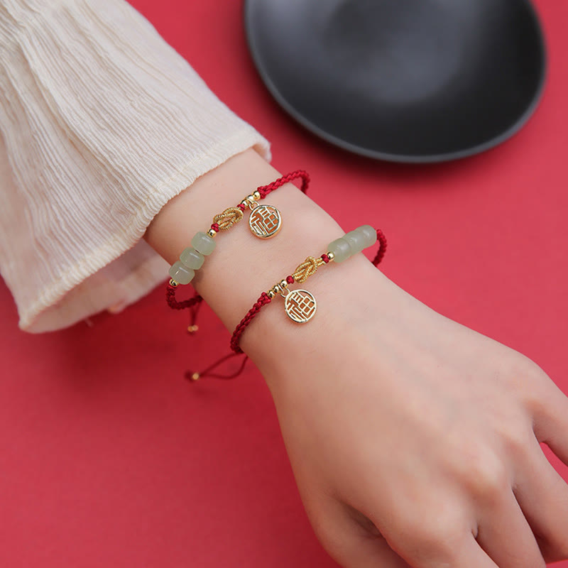 Buddha Stones Handcrafted Jade Bead Fu Character Charm Luck Red Rope Bracelet Bracelet BS 6