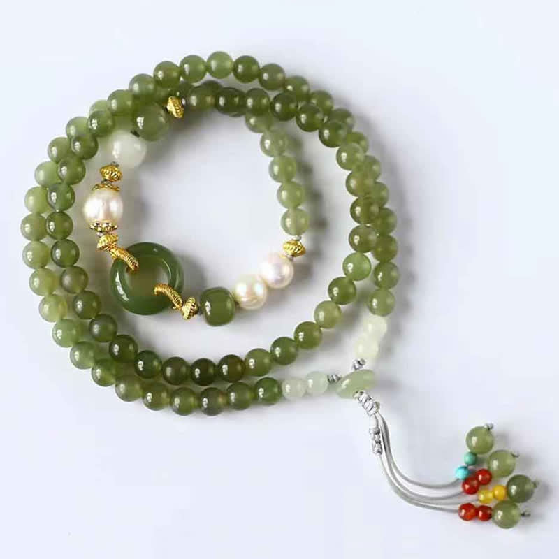 Buddha Stones Hetian Jade Pearl Peace Buckle Luck Wealth String Bracelet Bracelet BS 1