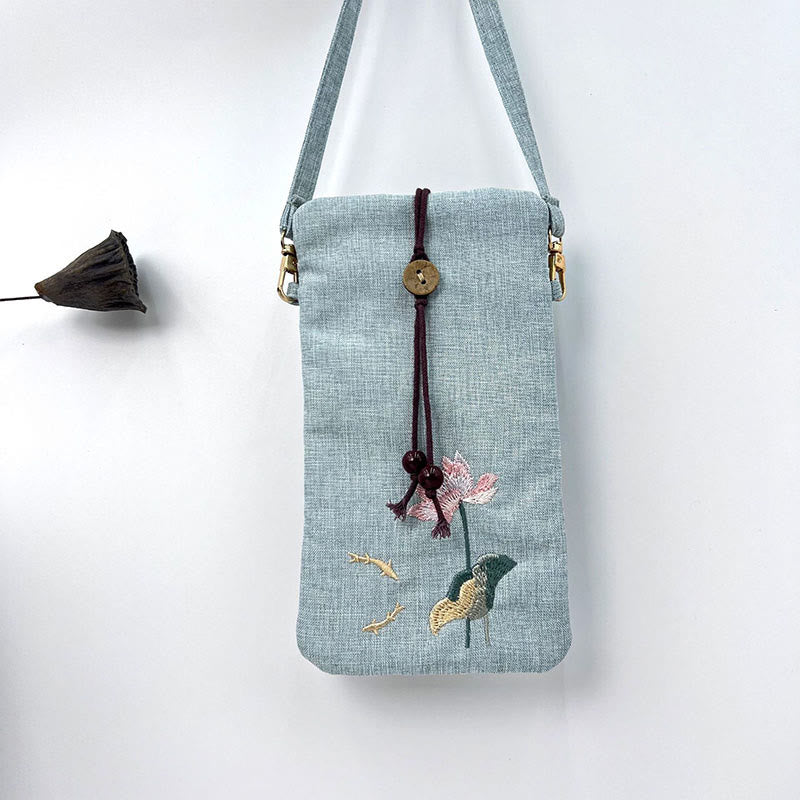 Buddha Stones Small Embroidered Flowers Crossbody Bag Shoulder Bag Cellphone Bag 11*20cm Crossbody Bag BS Light Blue Lotus Fish 11*20cm