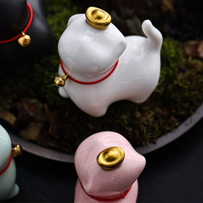 Buddha Stones Mini Lucky Cat Ingot Tea Pet Ceramic Home Desk Figurine Decoration Decorations BS 11