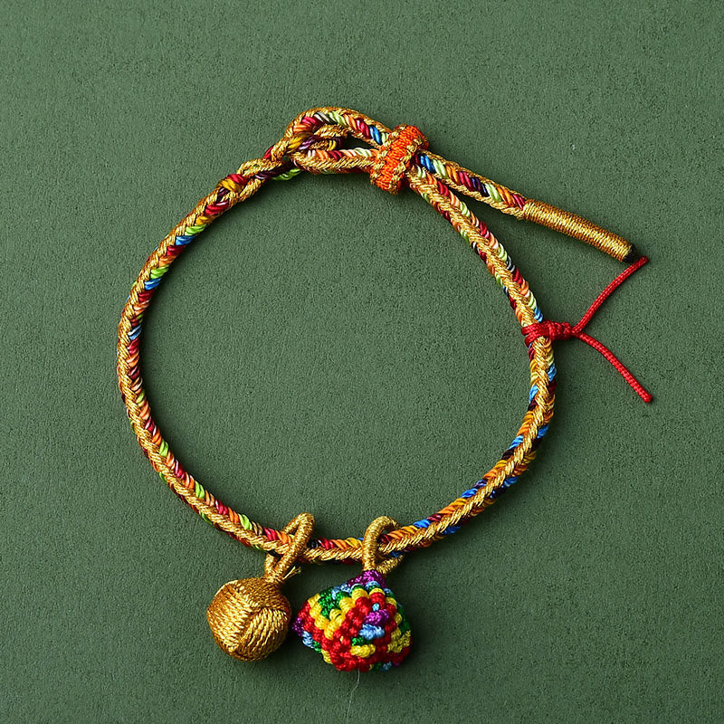 Buddha Stones Colorful Rope Luck Handmade Zongzi Golden Ball Charm Bracelet Bracelet BS Yellow Colorful Zongzi Golden Ball&Red String Adult(Wrist Circumference 16-19cm)