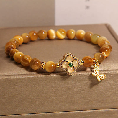 Buddha Stones Tiger Eye Four Leaf Clover Butterfly Protection Bracelet Bracelet BS 4