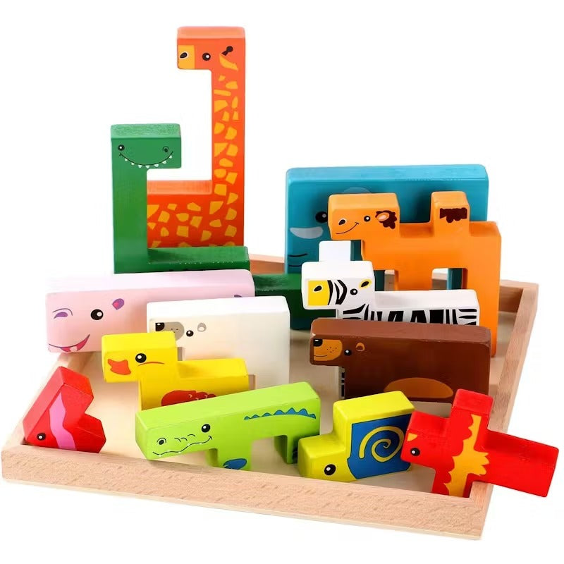 Fidtoy Wooden Animal Creative Challenge Puzzle Board for Kids | 13-Piece Animal Shape Matching Puzzle, Geometric Sorting, Stacking Blocks, Fine Motor & Problem-Solving Toy Age 2-6
