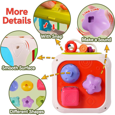 Fidtoy 7-in-1 Multifunctional Shape Sorting Box for Toddlers, Montessori Activity Cube with Shape Sorter, Beads, Gears, Pull String and Stacking Blocks