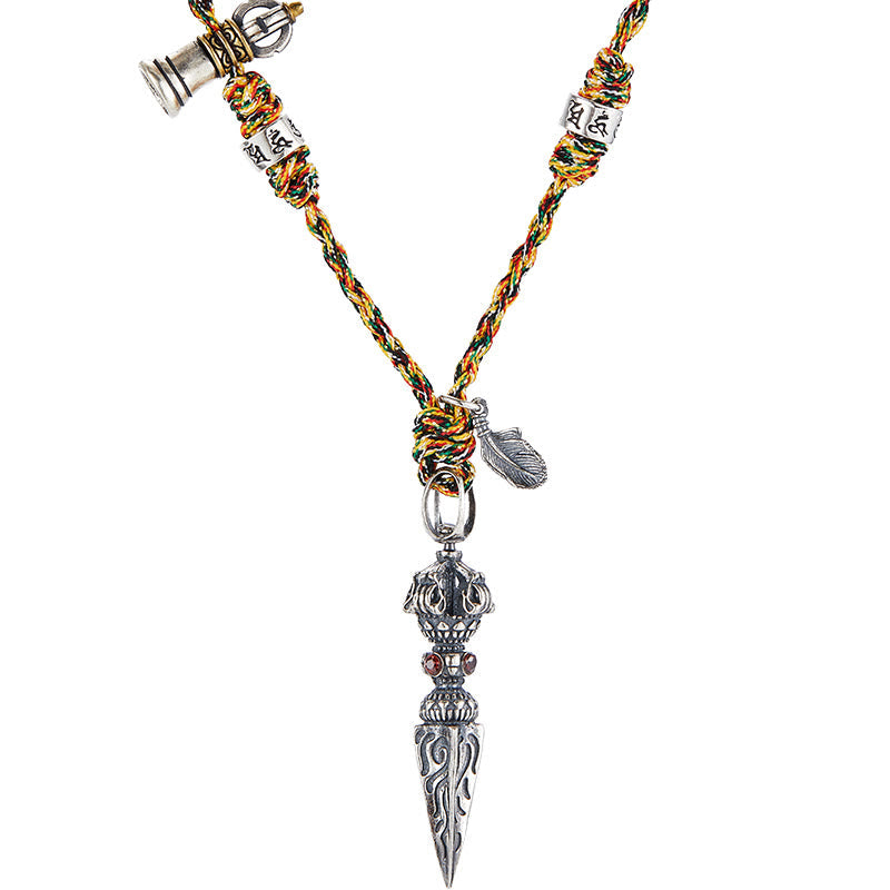 Buddha Stones Tibetan Handmade 925 Sterling Silver Dorje Vajra Om Mani Padme Hum Feather Strength Necklace Pendant - image 12