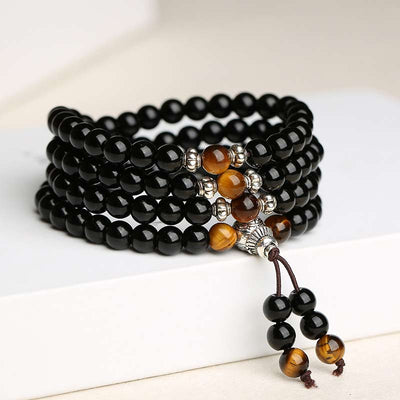 Buddha Stones Black Obsidian Tiger Eye Blessing Mala Bracelet Mala Bracelet BS 3