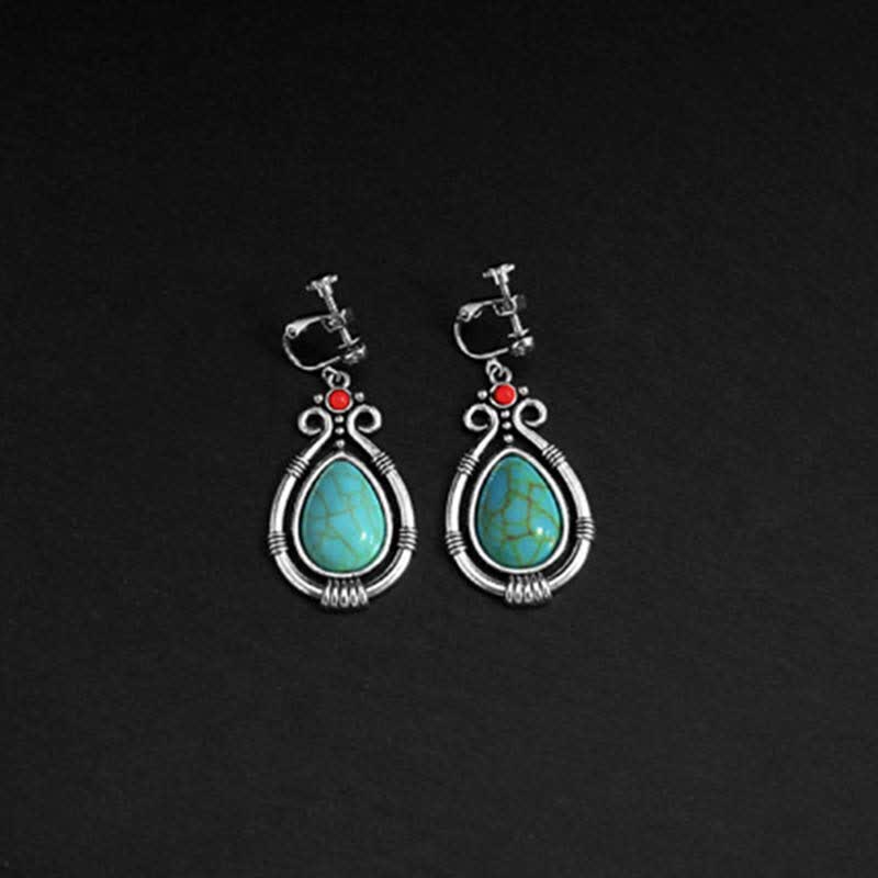 Buddha Stones Tibet Vintage Turquoise Waterdrop Strength Drop Dangle Earrings Clips Earrings BS 12