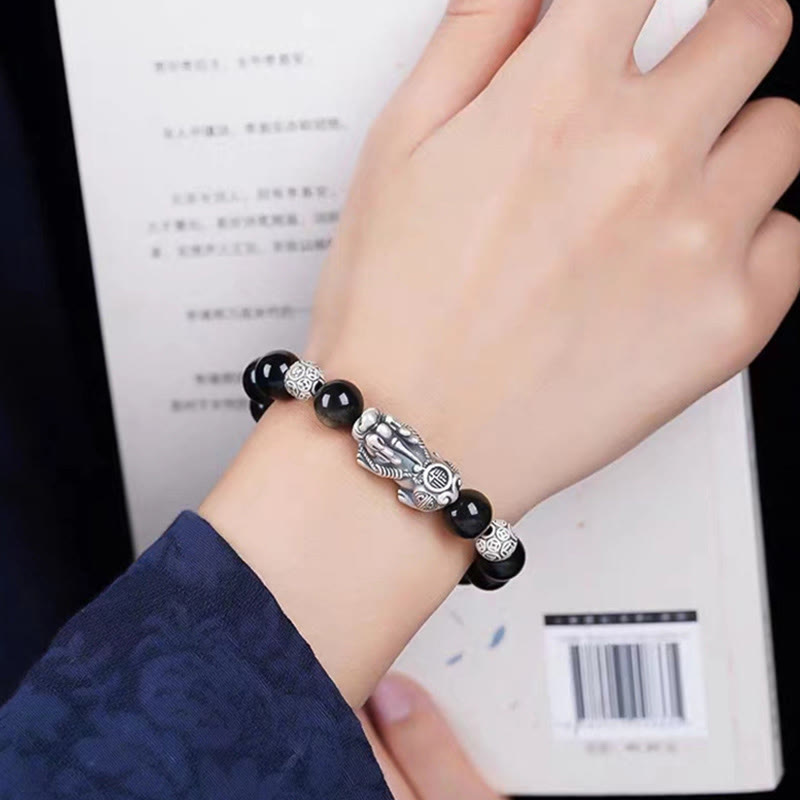 Foviel 925 Sterling Silver Natural Gold Sheen Obsidian PiXiu Wealth Protection Bracelet