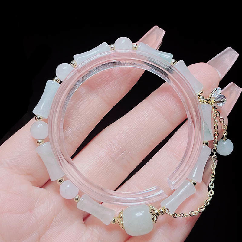 Buddha Stones Tianshan White Jade Bamboo Pattern Luck Blessing Bracelet 12