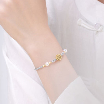 Buddha Stones Copper Coin Fortune Tree Pearl Luck Blue Rope Braided Bracelet Bracelet BS 28