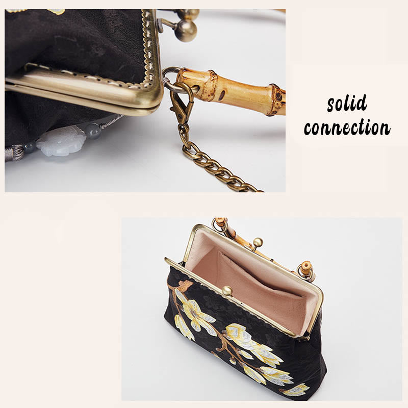 Buddha Stones Plum Blossom Embroidery Bamboo Handle Handbag Crossbody Bag Crossbody Bag&Handbags BS 6