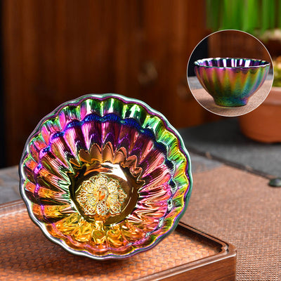 Buddha Stones Lotus Peacock Gold Inlaid Multicolored Chinese Jianzhan Ceramic Teacup Kung Fu Tea Cup Jian Zhan Tea Cup BS Peacock 9.2cm*5cm*120ml
