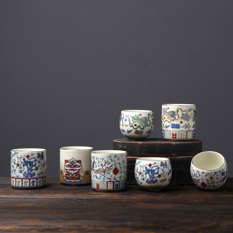 Buddha Stones Vintage Plum Blossom Pine Bamboo Phoenix Kirin Lion Dancing Ceramic Teacup Tea Cups Cup BS 16