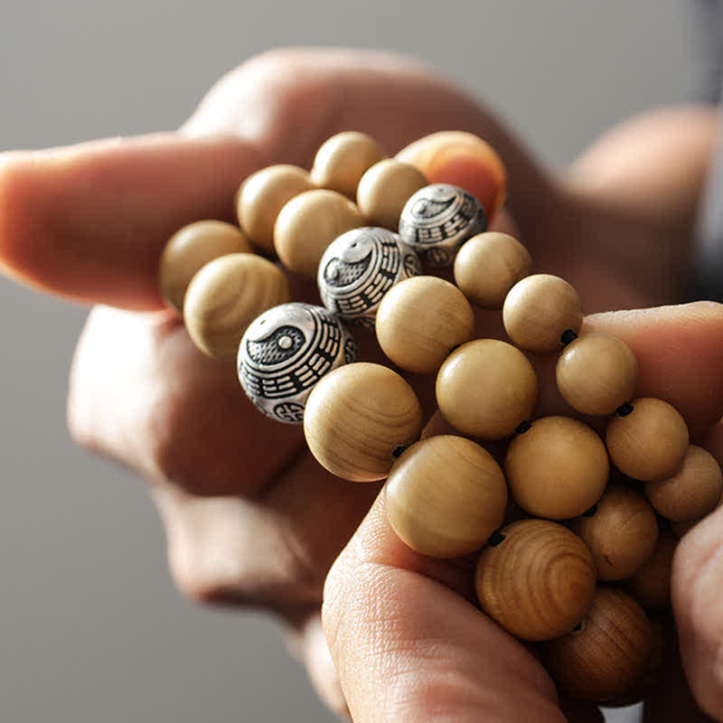 Buddha Stones Tibet Peach Wood Lotus Cinnabar Bagua Yin Yang Luck Wealth Bracelet Bracelet BS 6