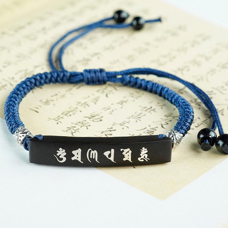 Buddha Stones Buddhism Six True Words Wood Ebony Wood Silver Inlaid Protection Bracelet Bracelet BS 5
