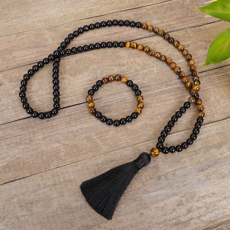 Ensemble de collier Mala de protection Foviel en onyx noir tibétain et œil de tigre