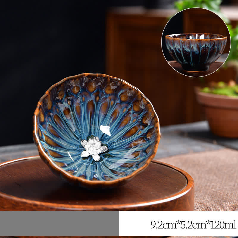 Buddha Stones Lotus Peacock Dragon Phoenix Koi Fish Ceramic Teacup Inlaid Tea Cups 120ml - Silver - Lotus Flower - image 19