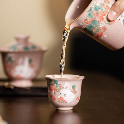 Buddha Stones Cute Strawberry Rabbit Flower Ceramic Teacup Kung Fu Tea Cup 55ml Cup BS 10