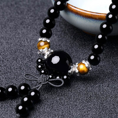 Buddha Stones 108 Beads Natural Black Obsidian Tiger Eye Mala Bracelet Mala Bracelet BS 8