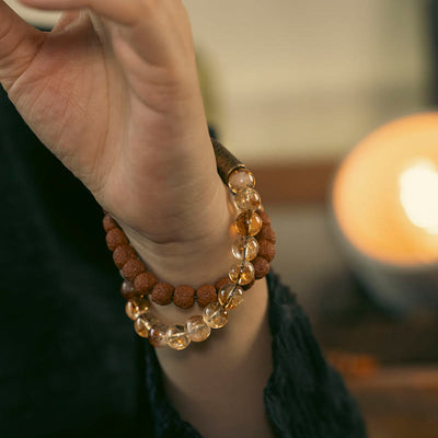 Buddha Stones Natural Citrine Crystal Rudraksha Bodhi Seed Brass Bead Prosperity Double Wrap Bracelet Bracelet BS 4