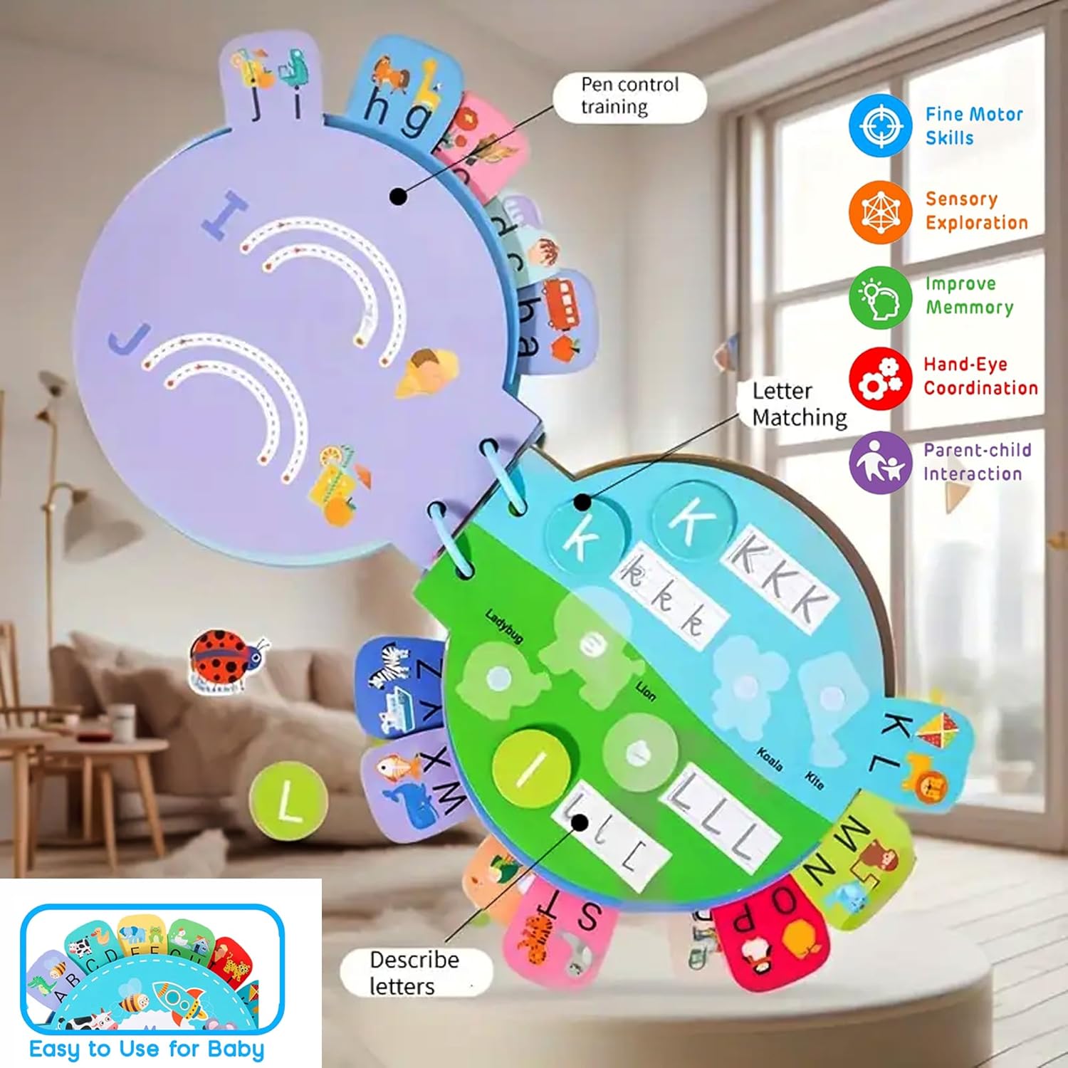 Livre d'activités Be2BeKidz pour l'apprentissage de l'alphabet pour les tout-petits 1-3 ans | Livre d'activités Montessori ABC pour enfants | Jouet éducatif de style Babybus pour l'apprentissage préscolaire et le développement de la motricité fine