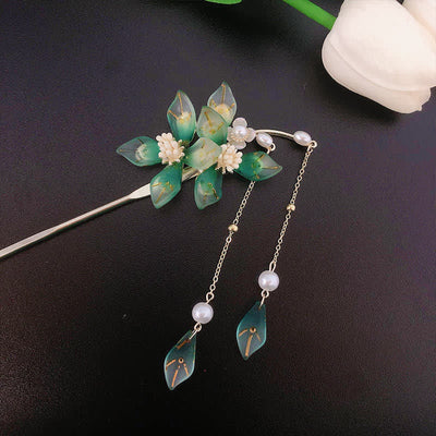 Buddha Stones Flower Leaf Pearl Peace Tassel Hairpin Hairpin BS 11