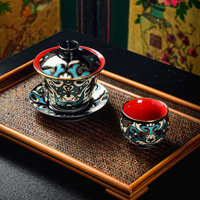 Buddha Stones Peking Opera Mask Pattern Ceramic Gaiwan Sancai Teacup Kung Fu Tea Cup And Saucer With Lid Teapot Cup BS 4