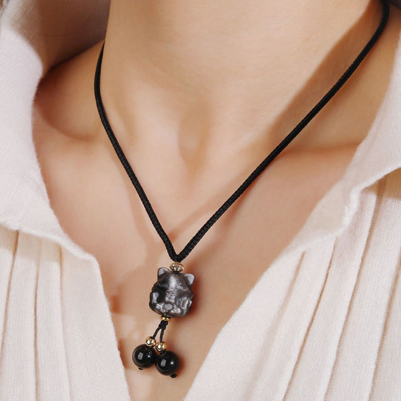 Buddha Stones Natural Silver Sheen Obsidian Nine Tailed Fox Protection Necklace Pendant Necklaces & Pendants BS 3