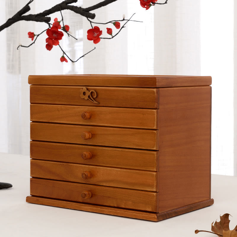 Buddha Stones Vintage Plum Blossom Carved Wooden Jewelry Box Six-Layer Jewelry Storage Box Jewelry Box BS 17