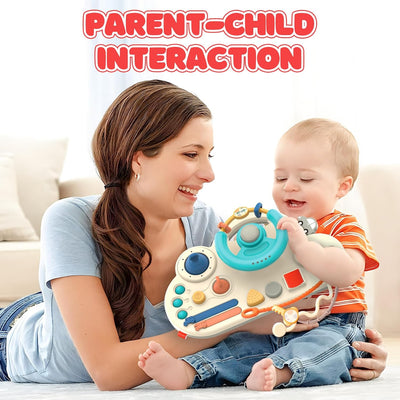Fidtoy Busy Activity Steering Wheel Baby Pull String Toy for Toddlers – Montessori Sensory Travel Toy with Pull Strings, Bubbles, Buttons & Fine Motor Play