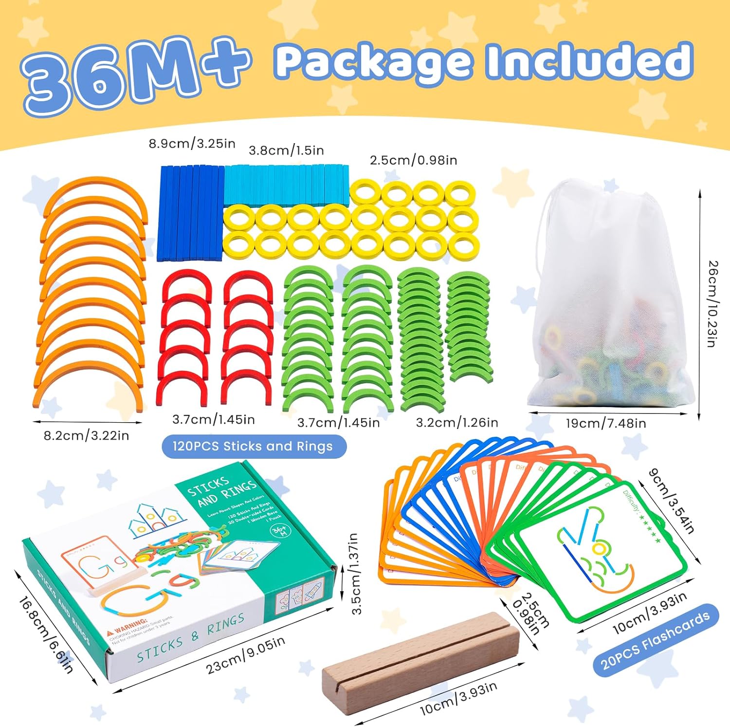Tarjetas de puzle de emparejamiento de patrones con palos y anillos de madera - D41