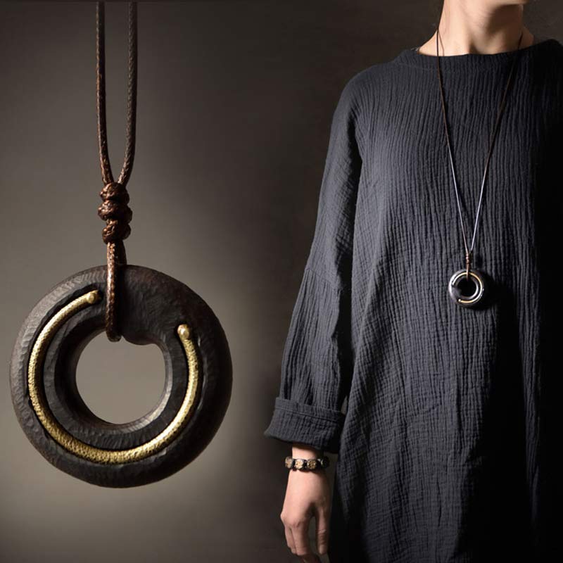 Buddha Stones Zen Circle Ebony Wood Peace Calm Necklace Pendant Necklaces & Pendants BS 4