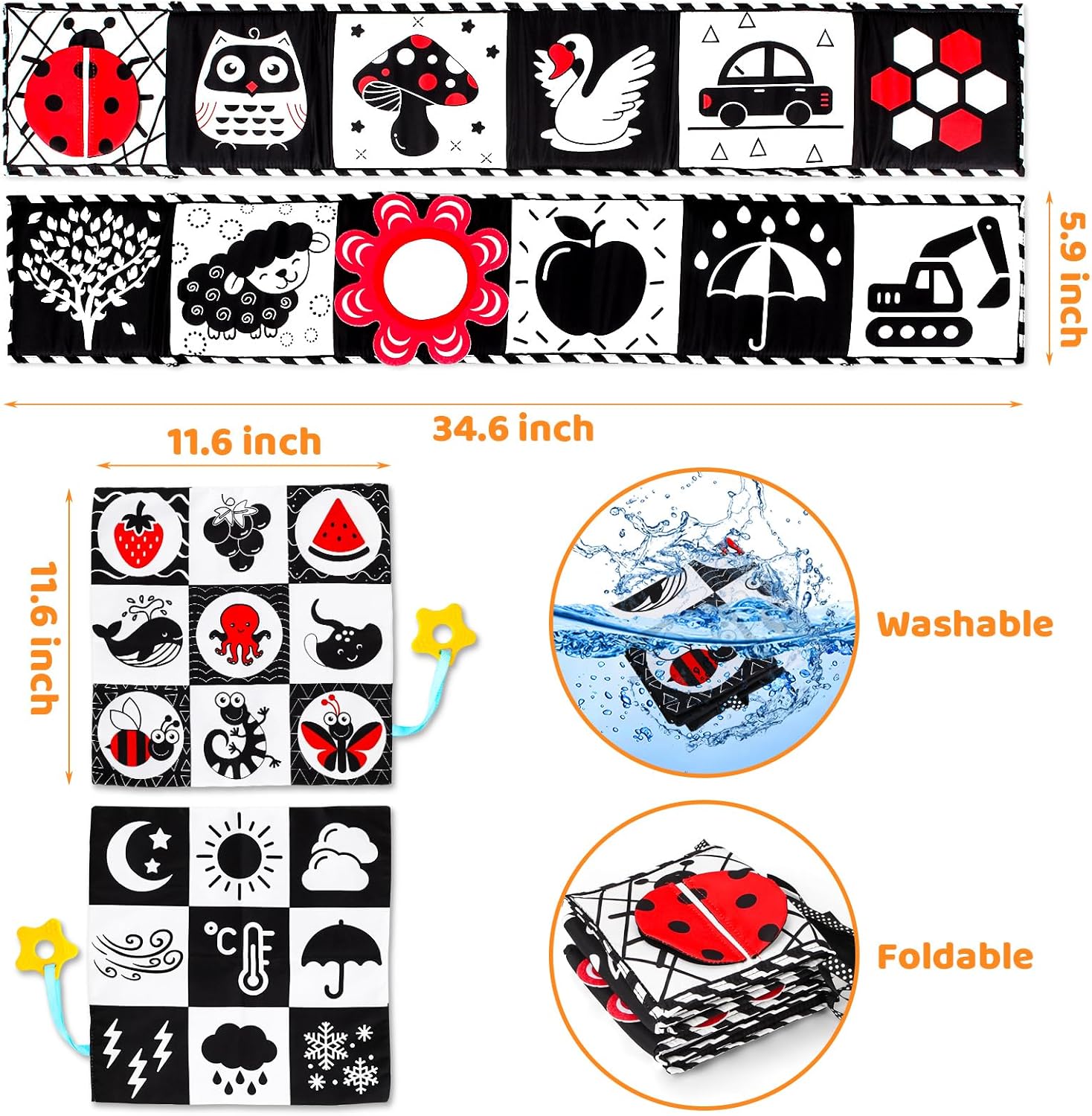 Fidtoy High Contrast Baby Cloth Book for Newborns – Montessori Black and White Sensory Tummy Time Toy Set for 0-6 Months